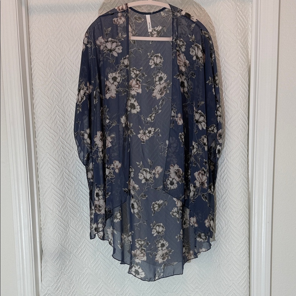 Floral Sheer Wrap Kimono - Navy Blue
